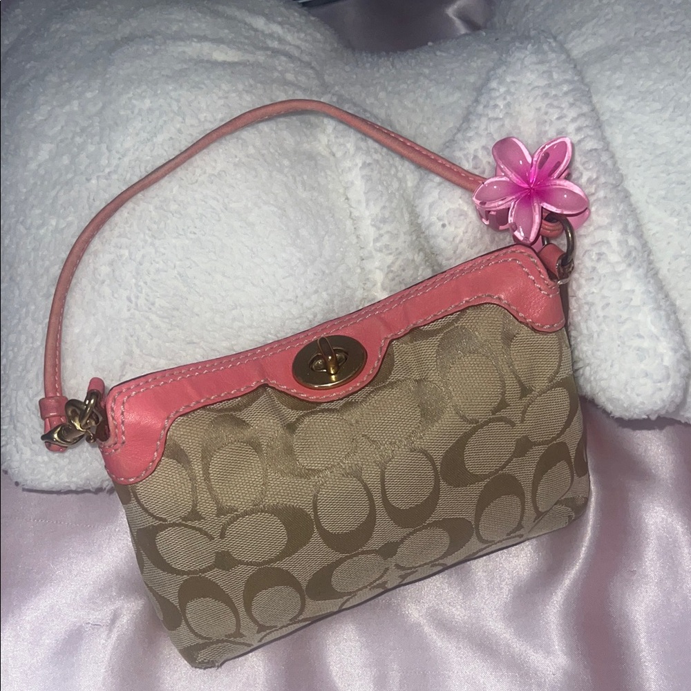 Coach Pink and Tan Floral Accent Wristlet